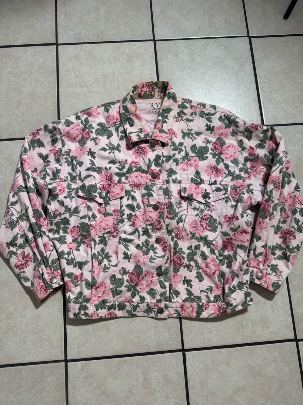 Carole Little Pink Floral Denim Jacket with Green Leaves